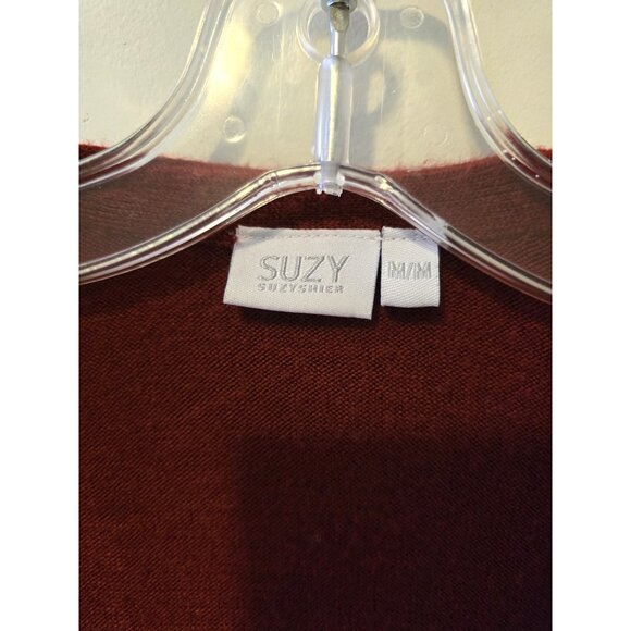 Vintage Y2K Suzy Shier Tight Knit Cardigan Burgundy Red Sweater Belt Fall Sz M - Picture 8 of 9